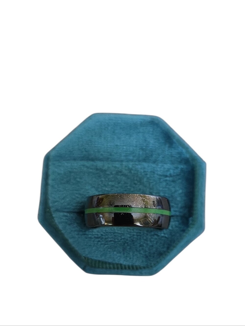 Size 9 Tarnished Polished Black Ring with Green Inlay